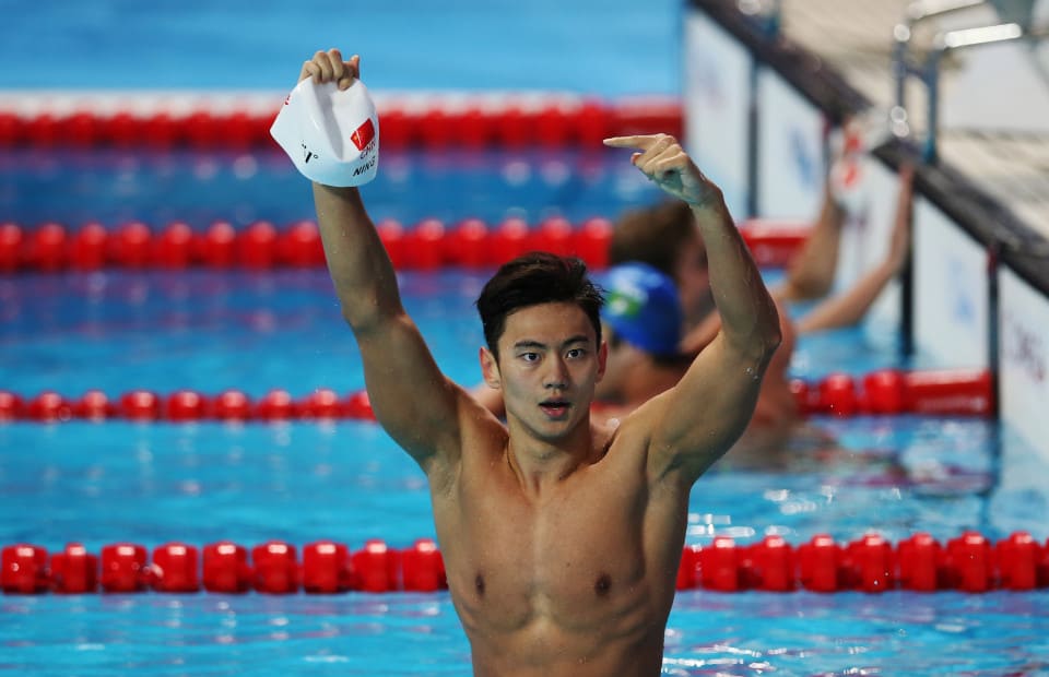 KAZAN, RUSSIA - AUGUST 06: Zetao Ning of China celebrates winning the Men's 100m Freestyle final during day thirteen of The 16th FINA World Swimming Championships at Kazan Arena on August 06, 2015 in Kazan, Russia (Photo by Ian MacNicol/Getty Images)